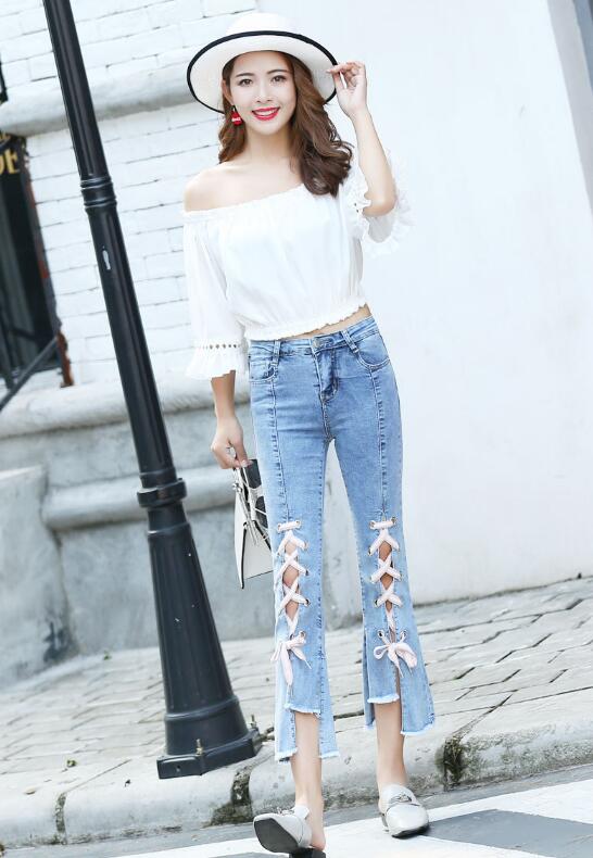 SZ60160 Fashion Women Flare Split Hem Slim Denim Jeans